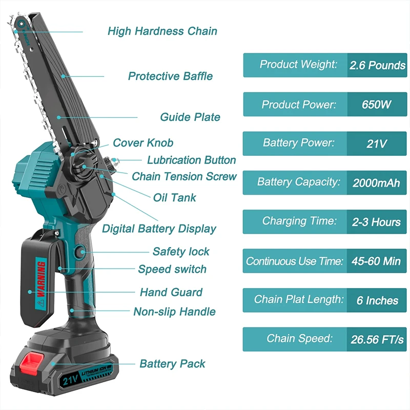

Оптовая продажа: Электрическая цепная пила с бесщеточным двигателем на аккумуляторе, 6-дюймовая направляющая шина, для проектов по деревообработке и обрезки деревьев в саду