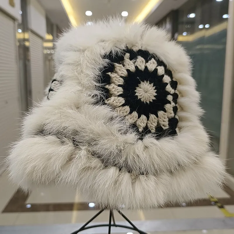 China-Chic Eimerhüte für Damen, Winter, warm, niedlich, Plüschmütze, großer Kopf, lässig, echte Kaninchenfellmütze, 2023, gestrickte Fischermütze – Detail 7