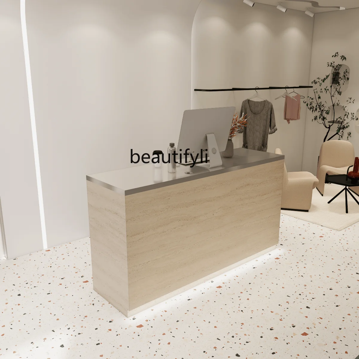 

Women's clothing store simple modern checkout page beauty salon bar stainless steel imitation travertine company front desk