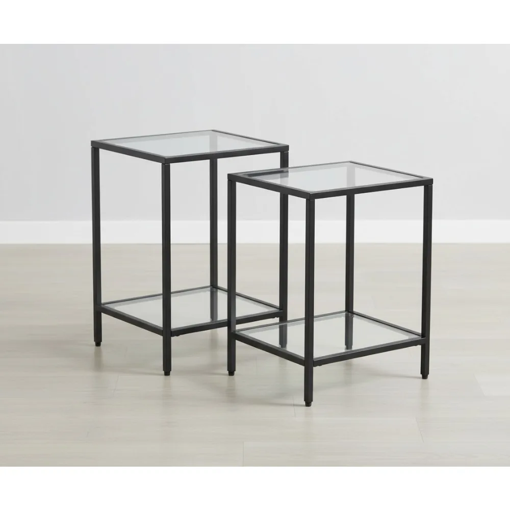 

Modern 2-Tier Glass End Table - Black Metal Side Table for Small Spaces Living Room Bedroom (2PCS)