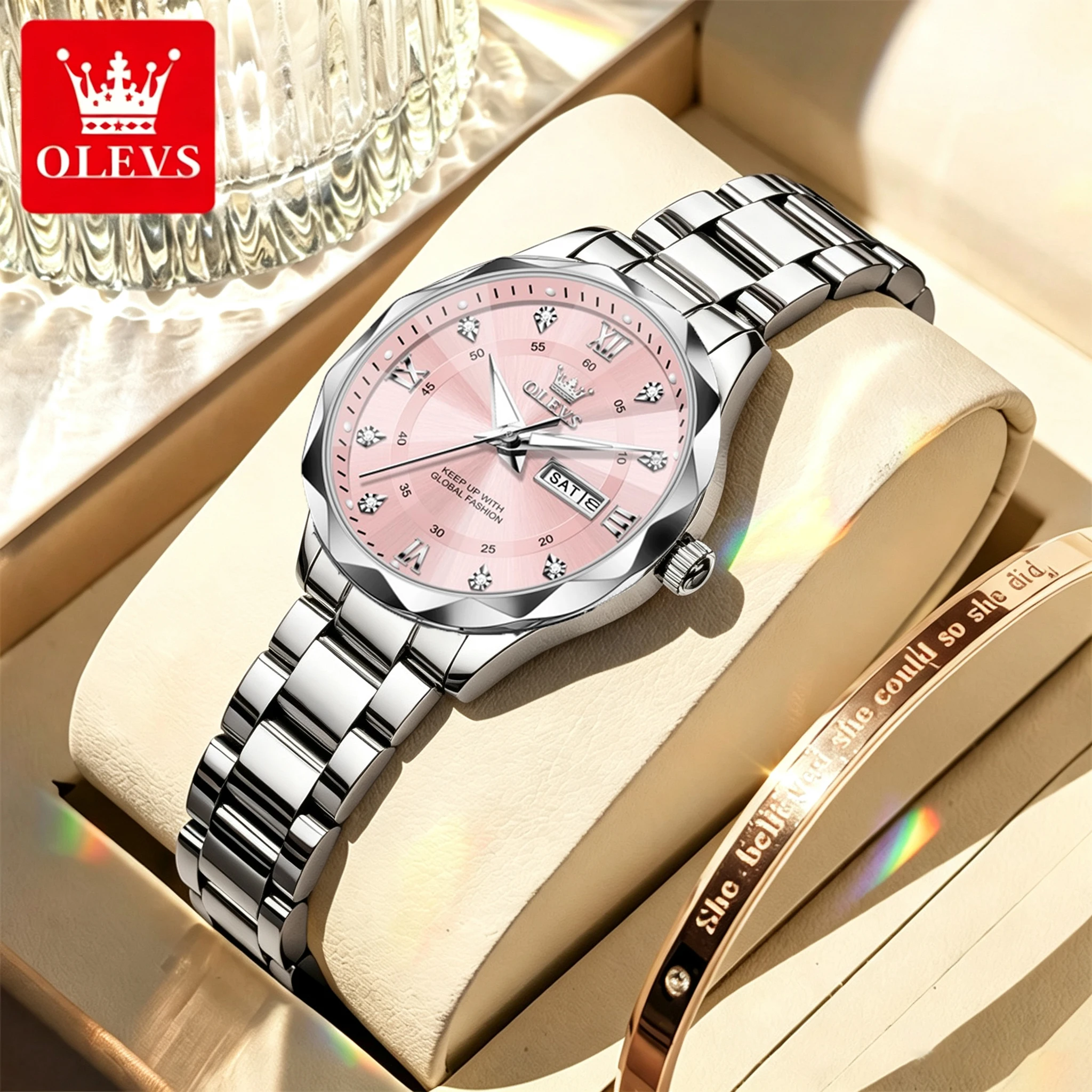 OLEVS Woman Watches Original Rhombus Dial Quartz Watch Waterproof Super Luminous Week Date Watches For Woman Clock 5609