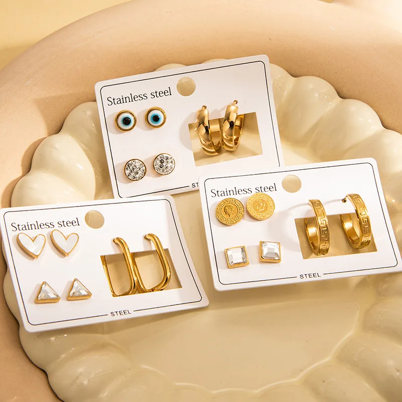 A Variety of Styles Wholesale Stainless Steel 3 Pairs of love Diamond-studded Combination Card Stud Earrings Set