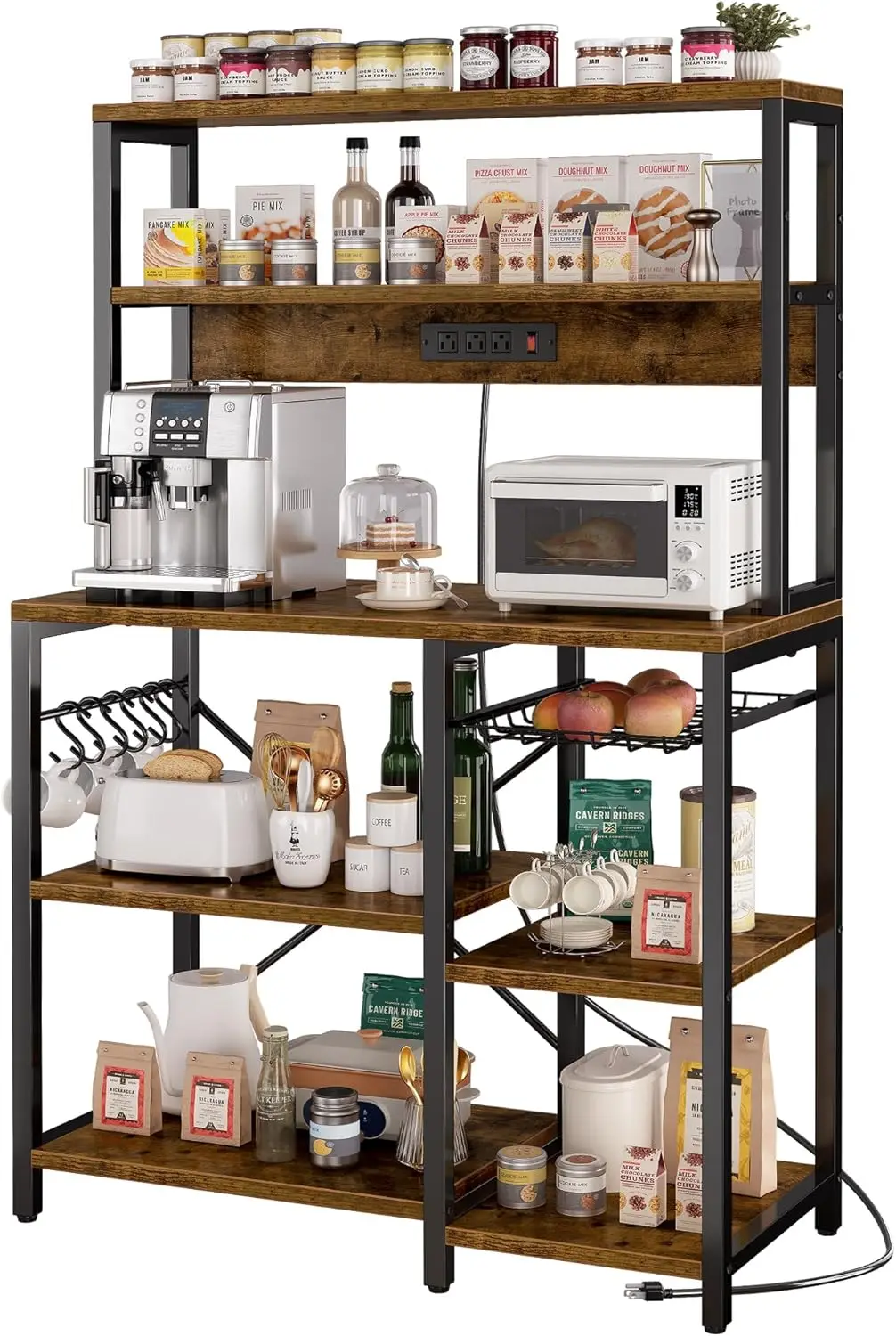 Bakers Rack with Power Outlet, 35.4 Inches Coffee Bar with Wire Basket, Kitchen Microwave Stand with 6 S-Shaped Hooks, Open Stor