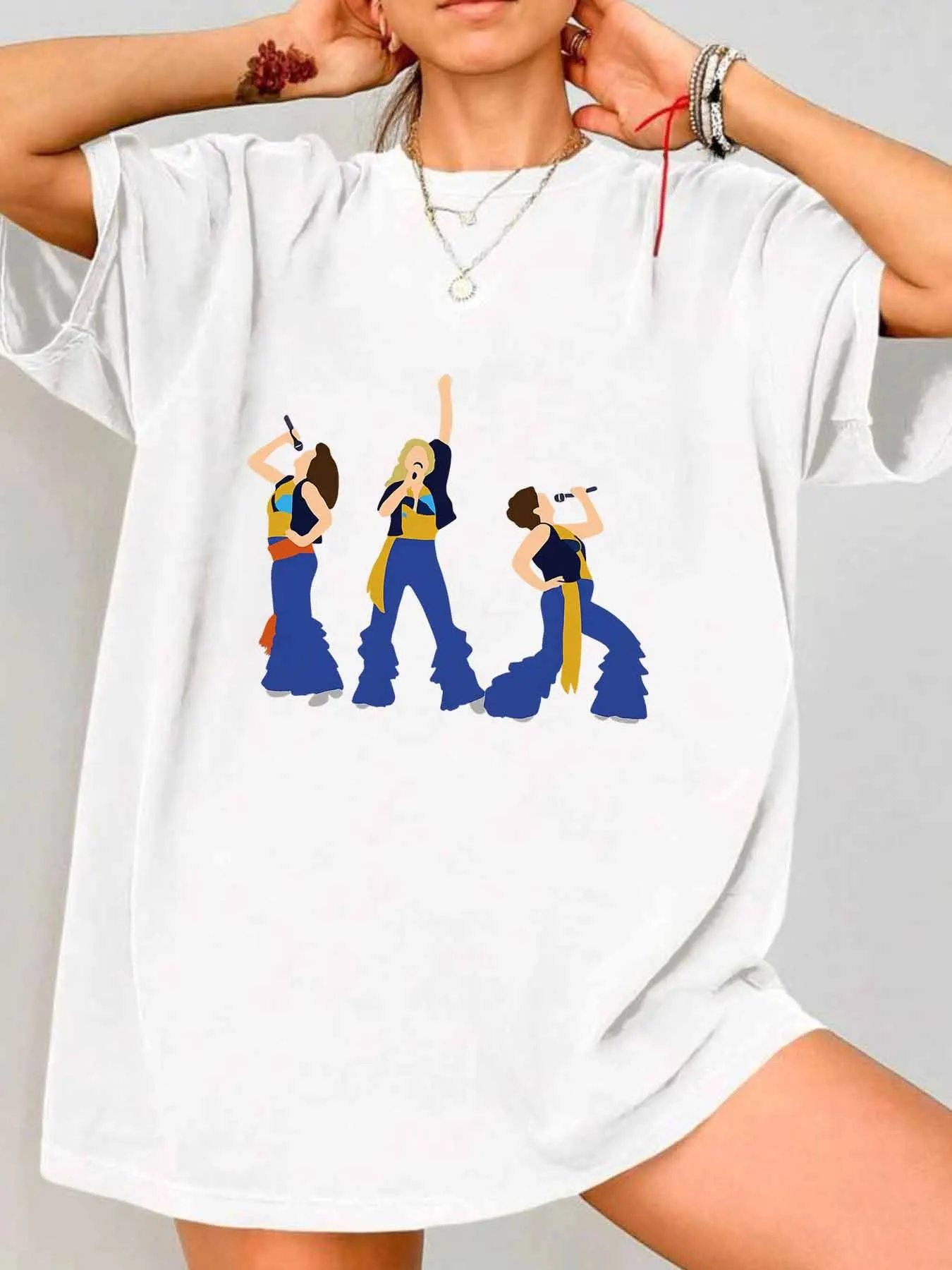 【WY10824】تي شيرت نسائي ثلاثي الغناء برقبة دائرية وأكمام قصيرة مع نصف كم مرن ومطبوعات عصرية