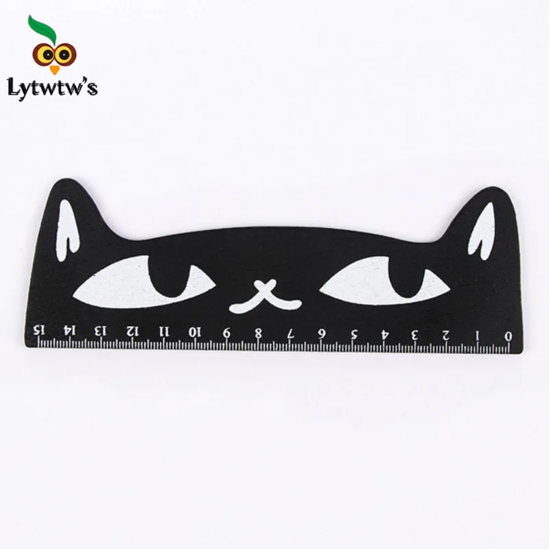 4 Piece Lytwtw\'s Cute Kawaii Black Cat Kitten Straight Ruler Wooden Tools Cartoon Drawing Office School Stationery Supplies