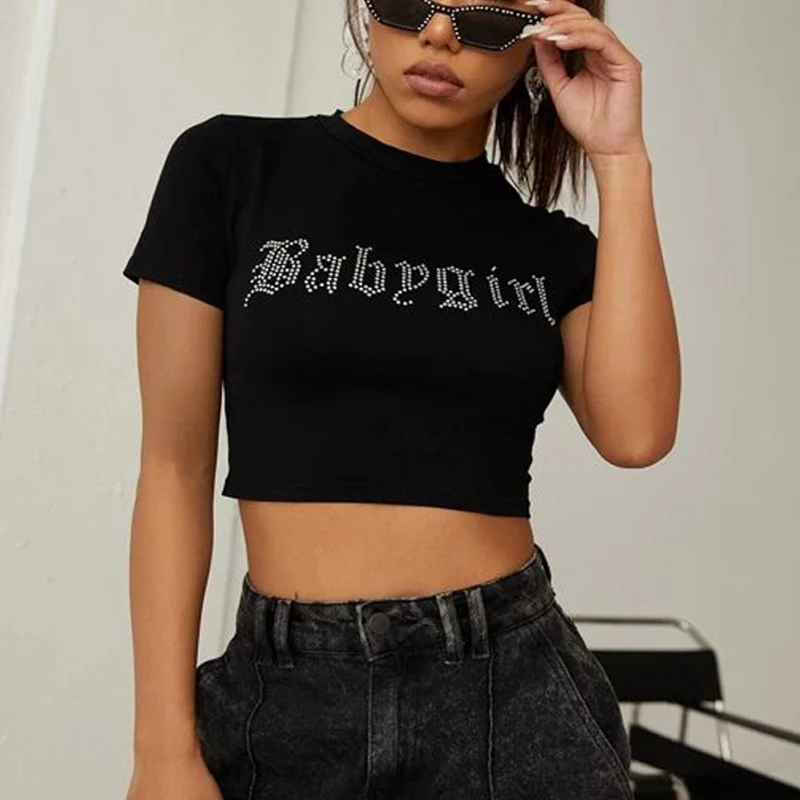 Rhinestone Punk Vintage Baby Girl Letters T-shirt Black Gothic Y2k Clothes Summer Tops Harajuku Short Sleeve Crop Tops Baby Tees