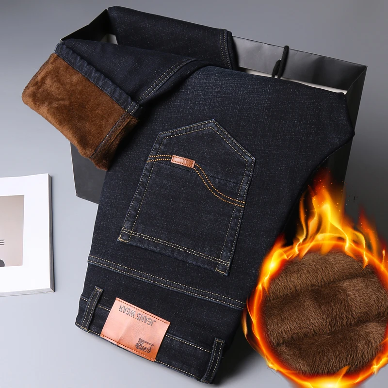 

2022 Winter New Classic Business Casual Men Fit Straight Leg Jeans Grab Fleece Thick Warm Stretch Slim Mid-high Waisted Trousers