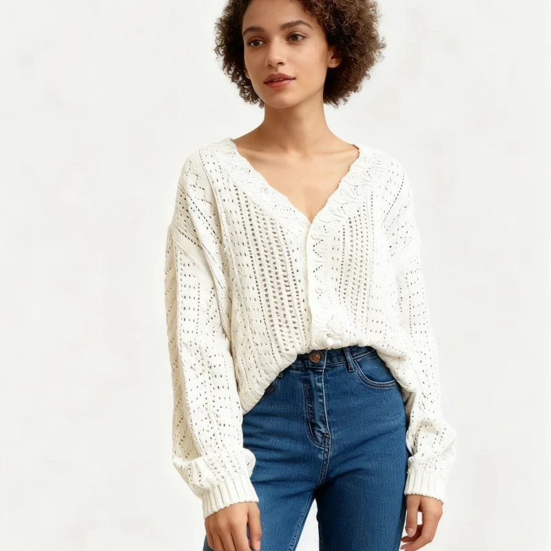 

Women Loose Sweet Cardigans Knitwear Winter V-neck Long Sleeve Knitted Hollow Out Sweater Autumn Casual Elegant Jacket