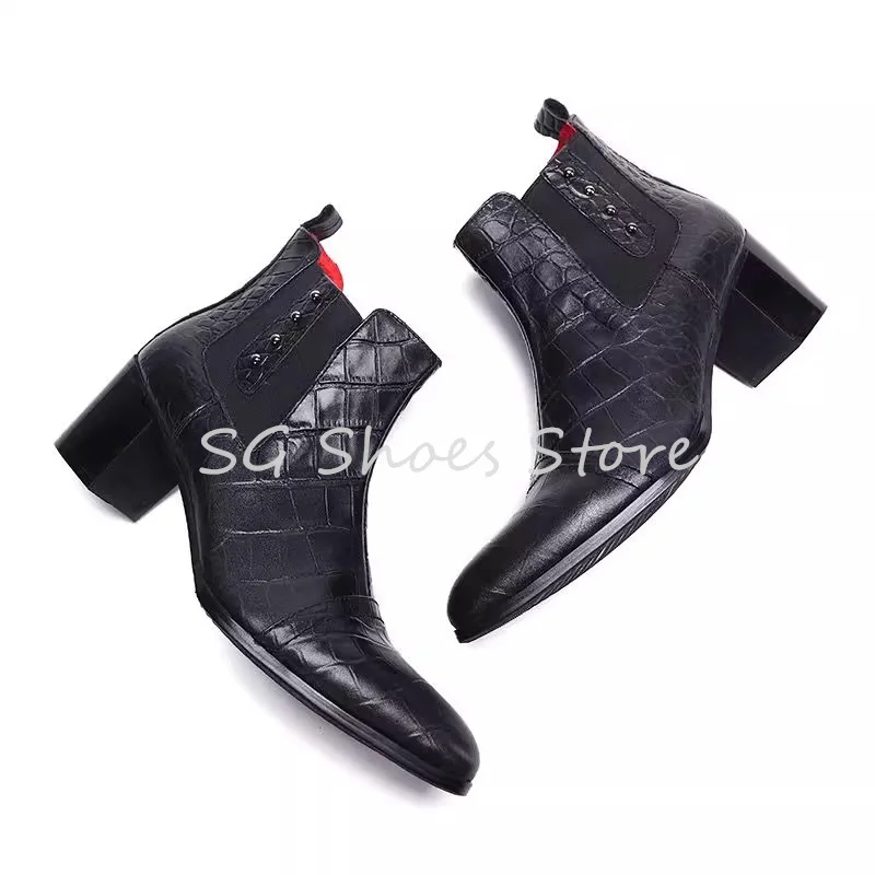 Fashion Western Cowboys Ankle Boots for Men Round Toe Hight Heel Slip-On Chelsea Boots Handmade Leather Casual Male Short Boots