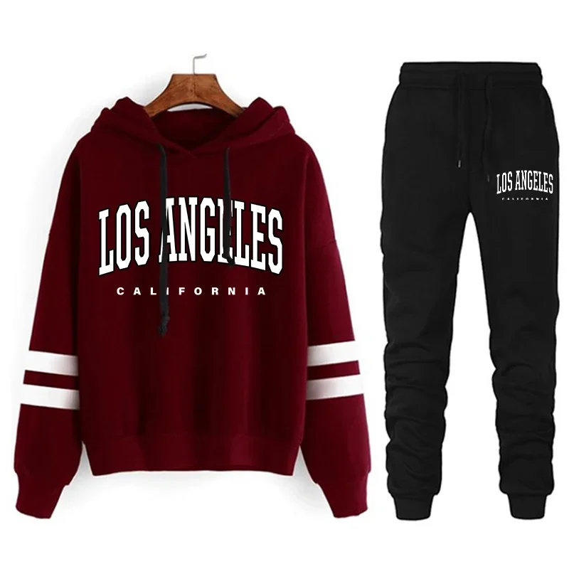 Los Angeles Womens Tracksuit Print Casual Hooded Stripe Versatile Sweatshirt or Black Pants or Suit Loose HotSales Outfits S-3XL