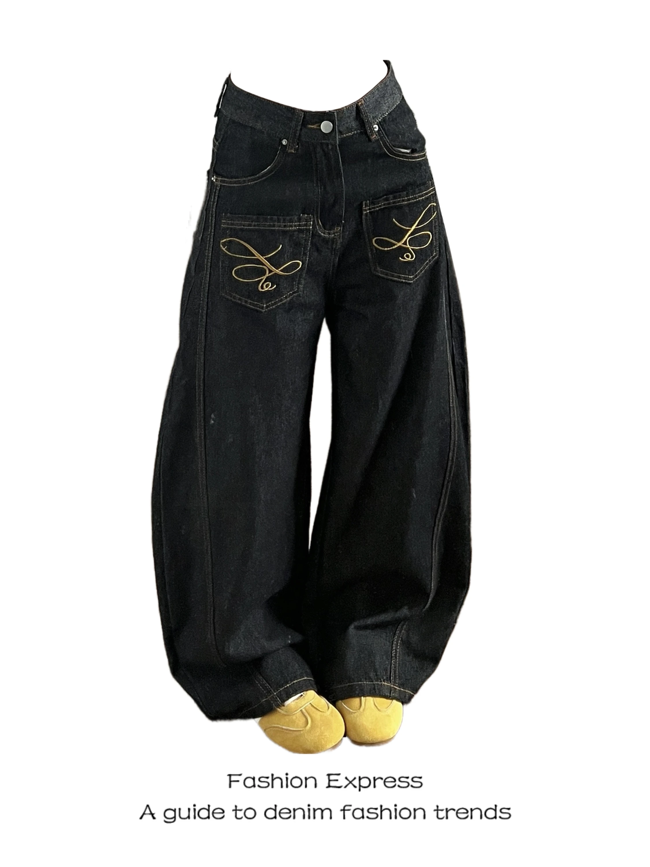 

Women's Loose Fit High Waist Bell Bot Jeans Casual Wear All Seasons Denim Pants Embroidered kets Ankle Length Trousers