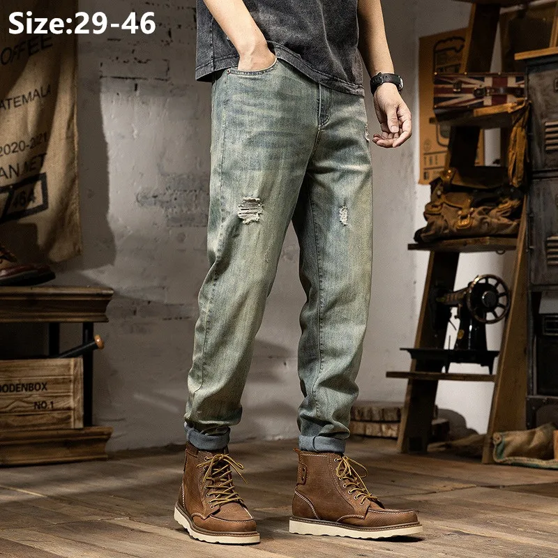 

Summer Men Jeans Plus Size 42 46 140KG Harem Ripped Pencil Pants Stretched Slim Fit Thin Male Oversized Moto Denim Trousers