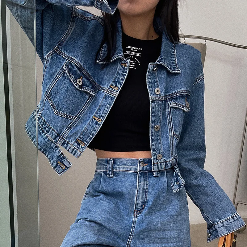 

Джинсовая куртка с длинными рукавами в уличном стиле Гонконга. Женская весенне-осенняя повседневная короткая куртка в стиле ретро с высокой талией