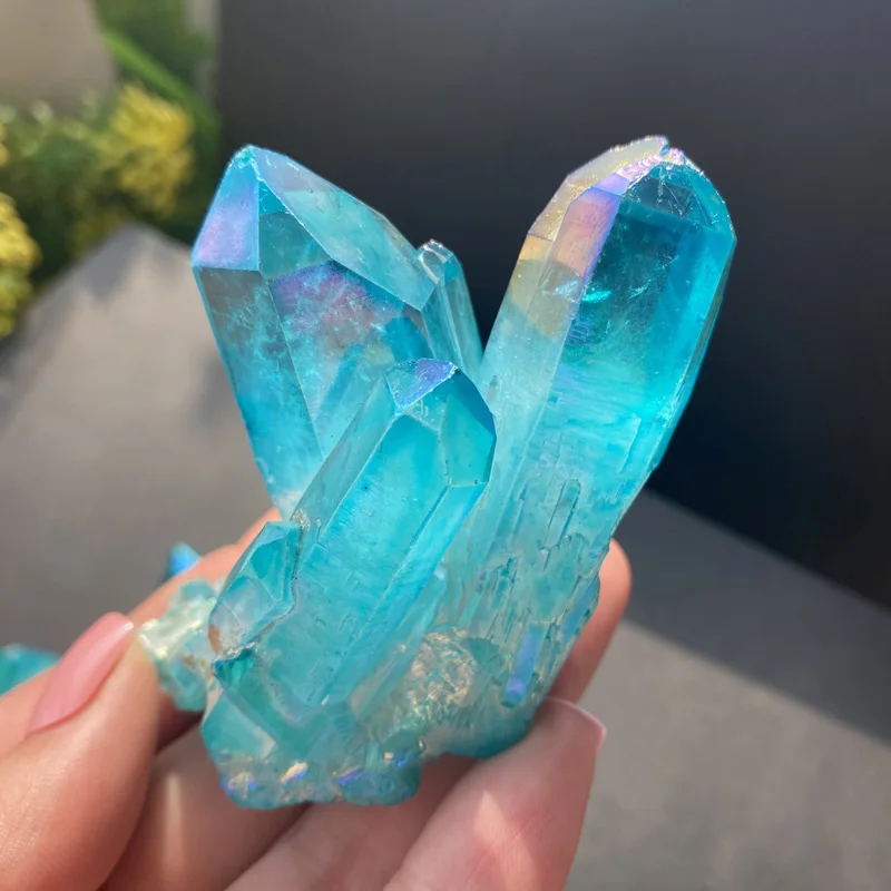 Natural Sky Blue Angel Aura Quartz Electroplating Titanium Crystal Cluster Stone Specimens Cured Coating Healing Crystals