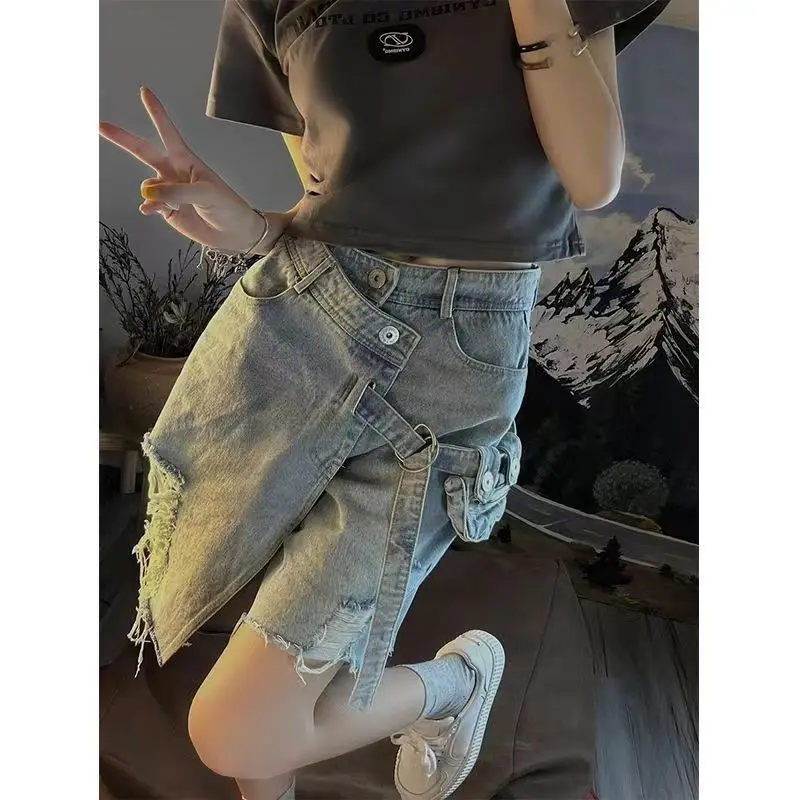 

Women Shorts 2024 Summer Sexy Knee-length Denim Design Thin New Arrival Hole Chic Vintage Pockets Fashion All-match Streetwear