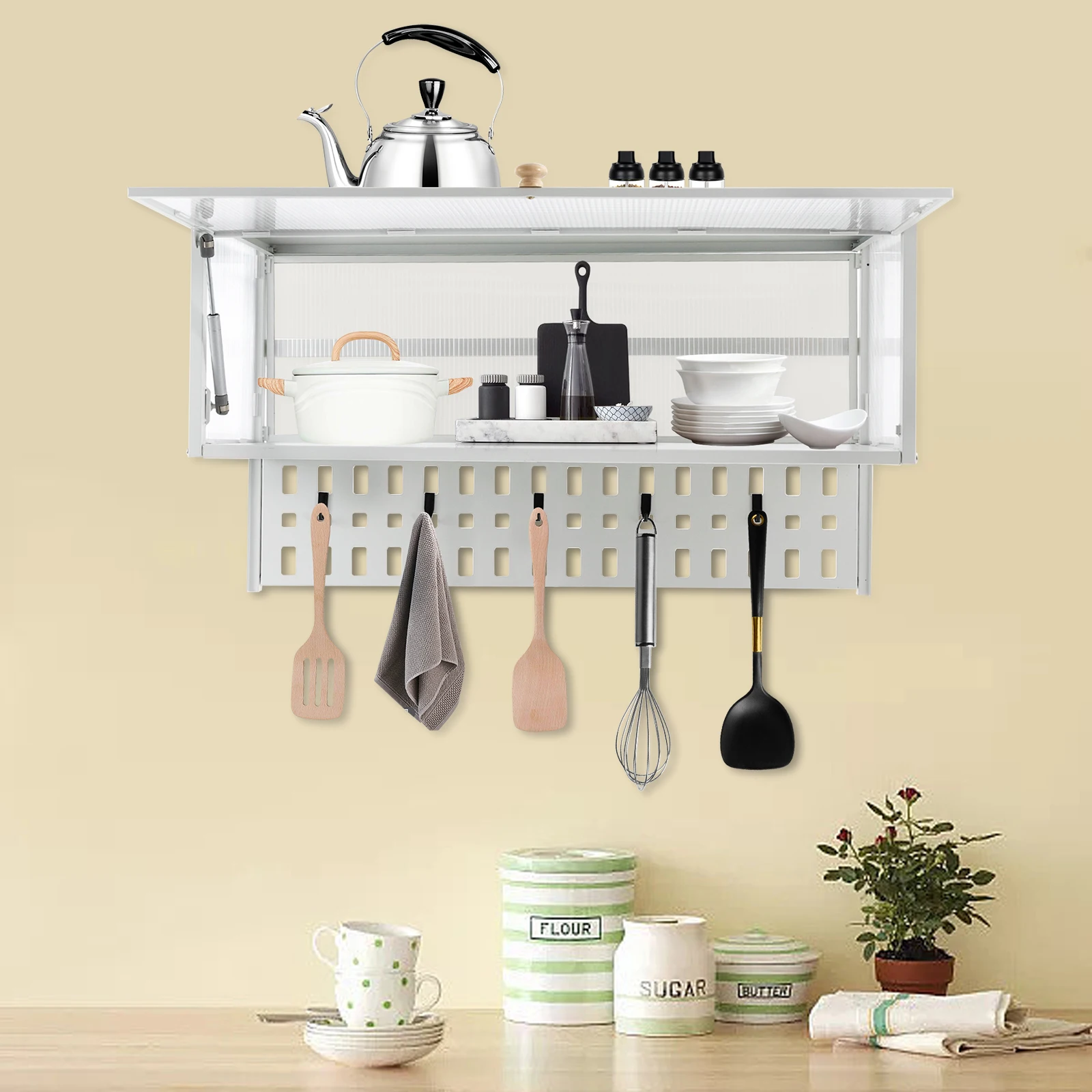 Kitchen Wall-mounted Cabinet With Hanging Board With Holes -White Translucent