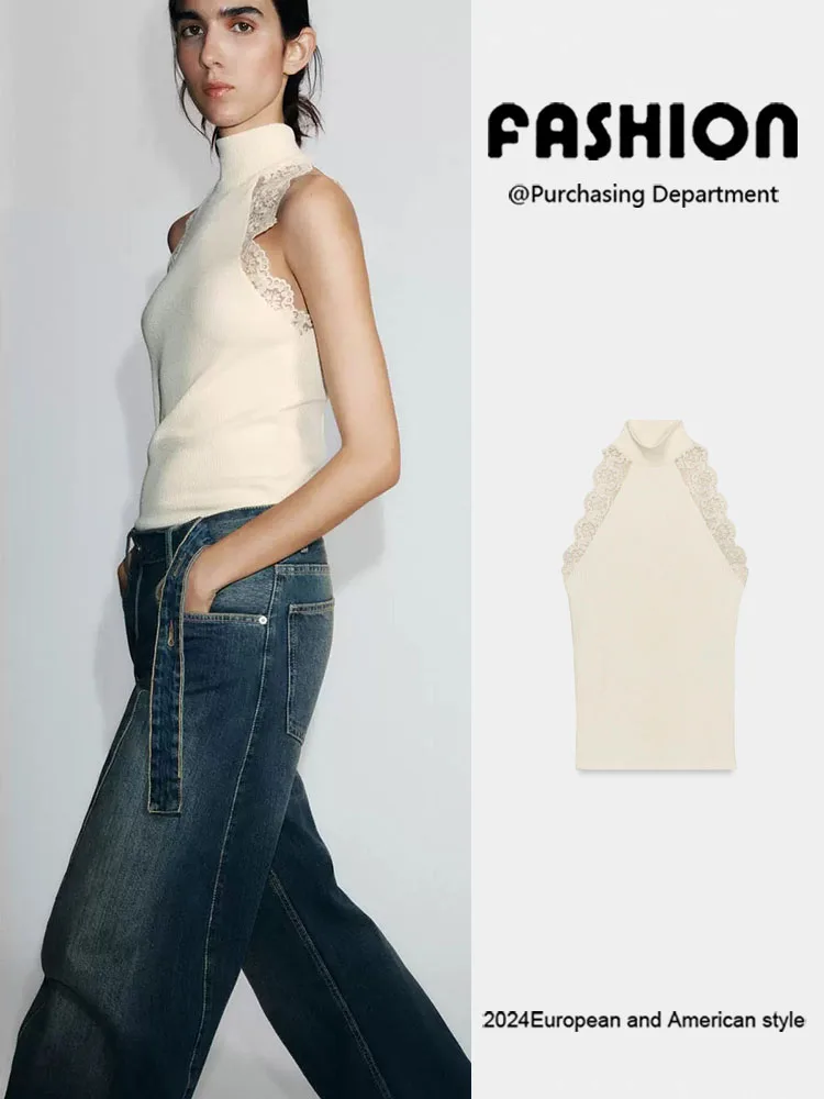 

Spring New Arrival Women's Versatile Svel High Collar Faionable Lace Ribbed T-irt 5039003 European Sle Knitted Top