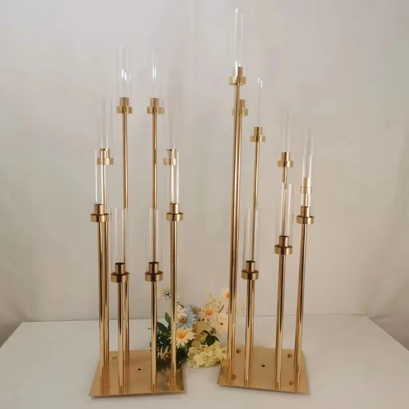 

10pcs/lot 8 Heads Metal Candelabra Gold Candle Holder Acrylic Wedding Table Centerpiece Candle Holders Candelabrum Decoration