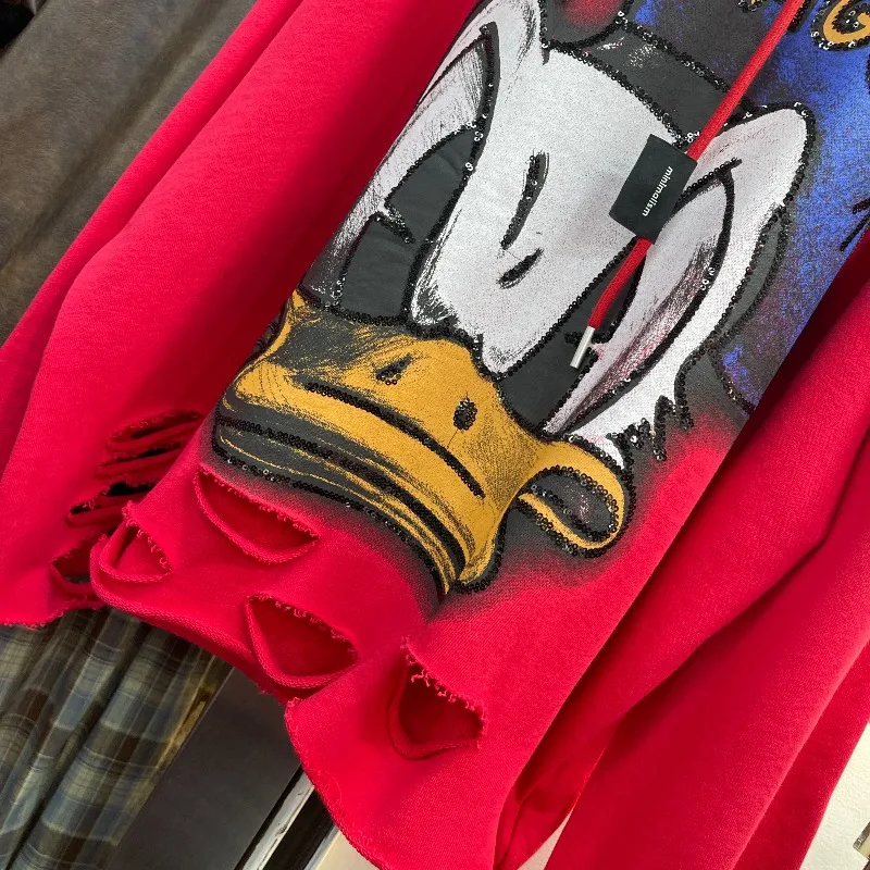 Autumn Winter Loose Cartoon Print Sequin Color Block Hooded Sweatshirt For Women's Y2k Pullover Long Sleeves Kawaii Hoodies Coat