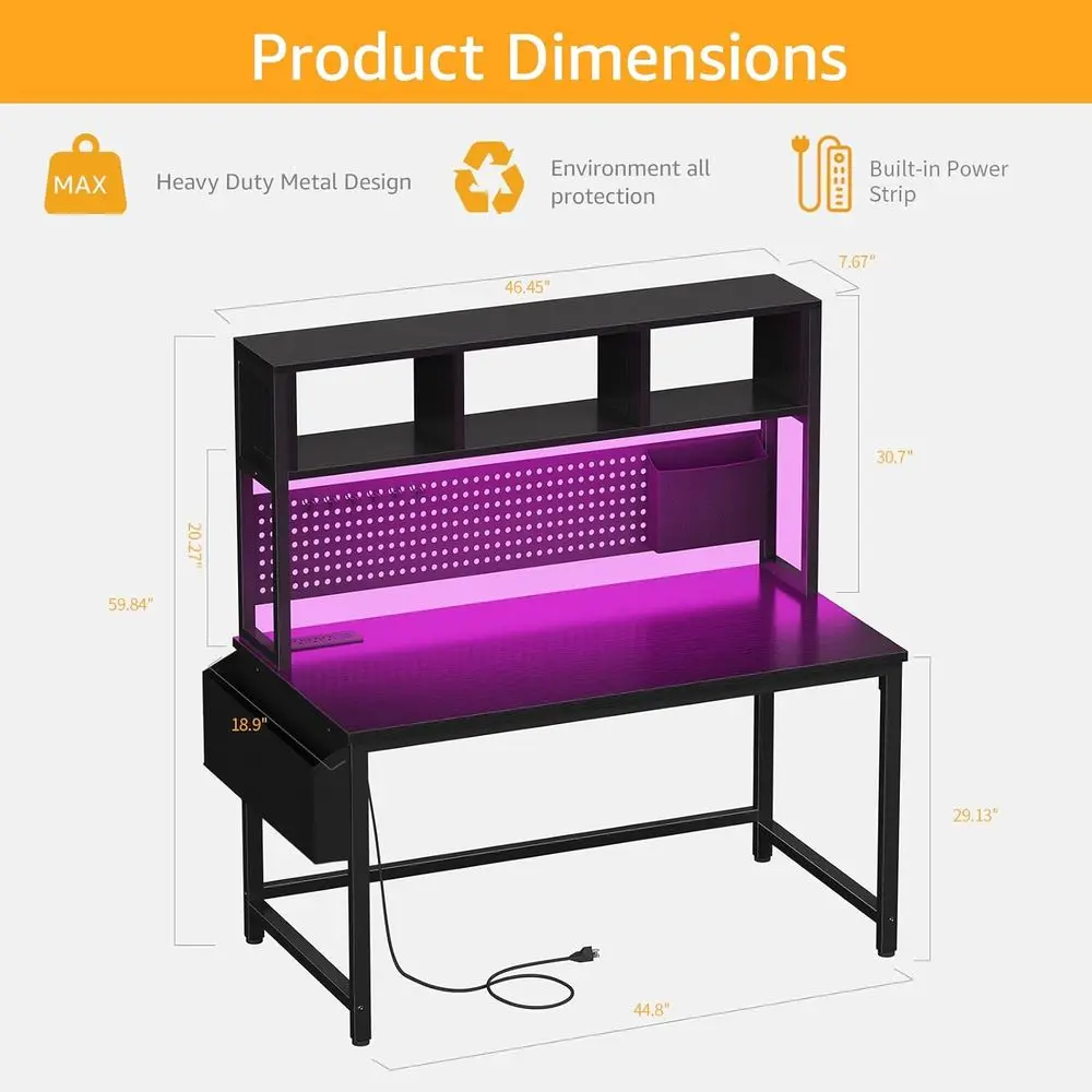 47 مكتب ألعاب أسود مع مساحة تخزين، وخزانة، ولوحة بيجبورد، ومنافذ طاقة للمكتب المنزلي والدراسة #3