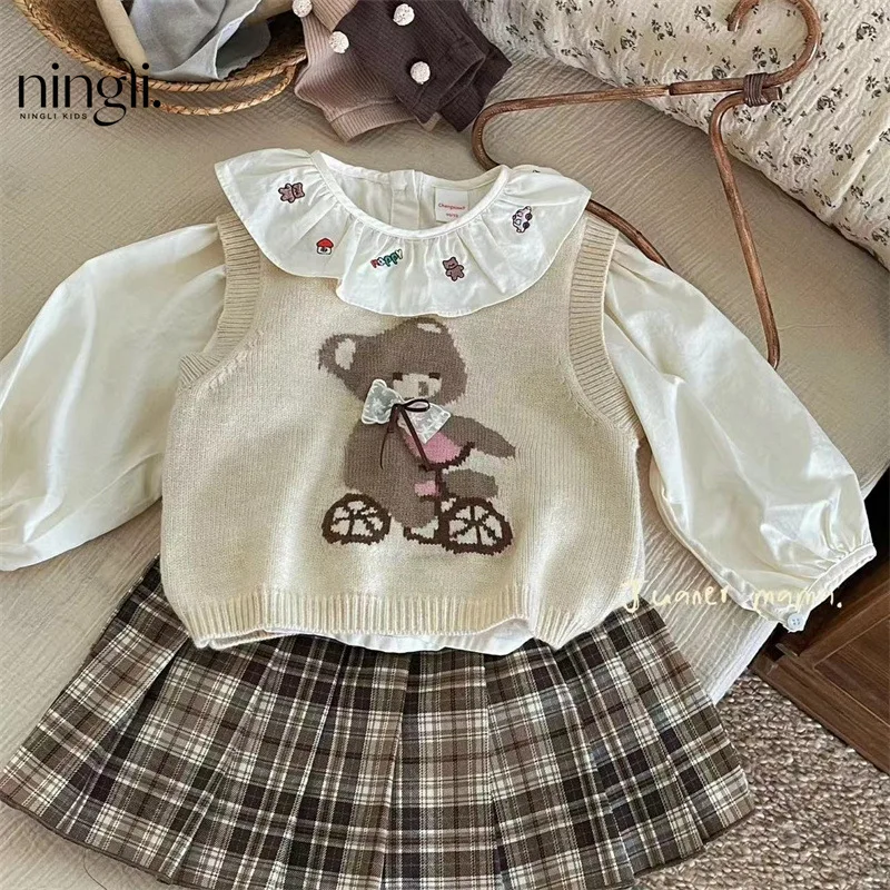 Autumn Baby Girls 3PCS Clothes Set Cotton Embroidery Collar Shirts Bear Knitted Vest Plaid Pleated Skirts Suit Kids Girl Outfit