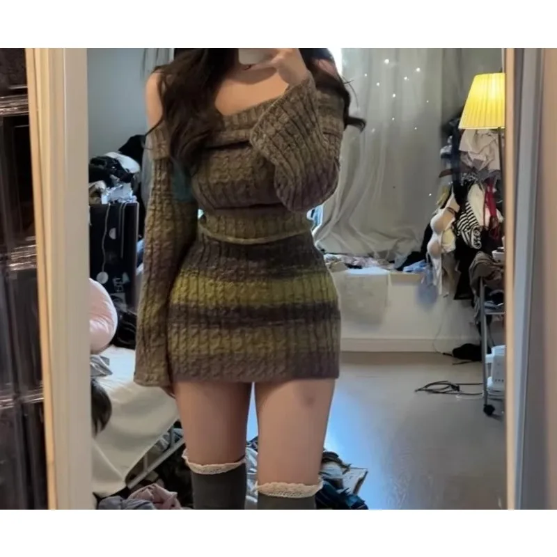 Women Off Shoulder Knitted Striped Dress Slim Long Sleeve Wrapped Hip Short Sweater Spring