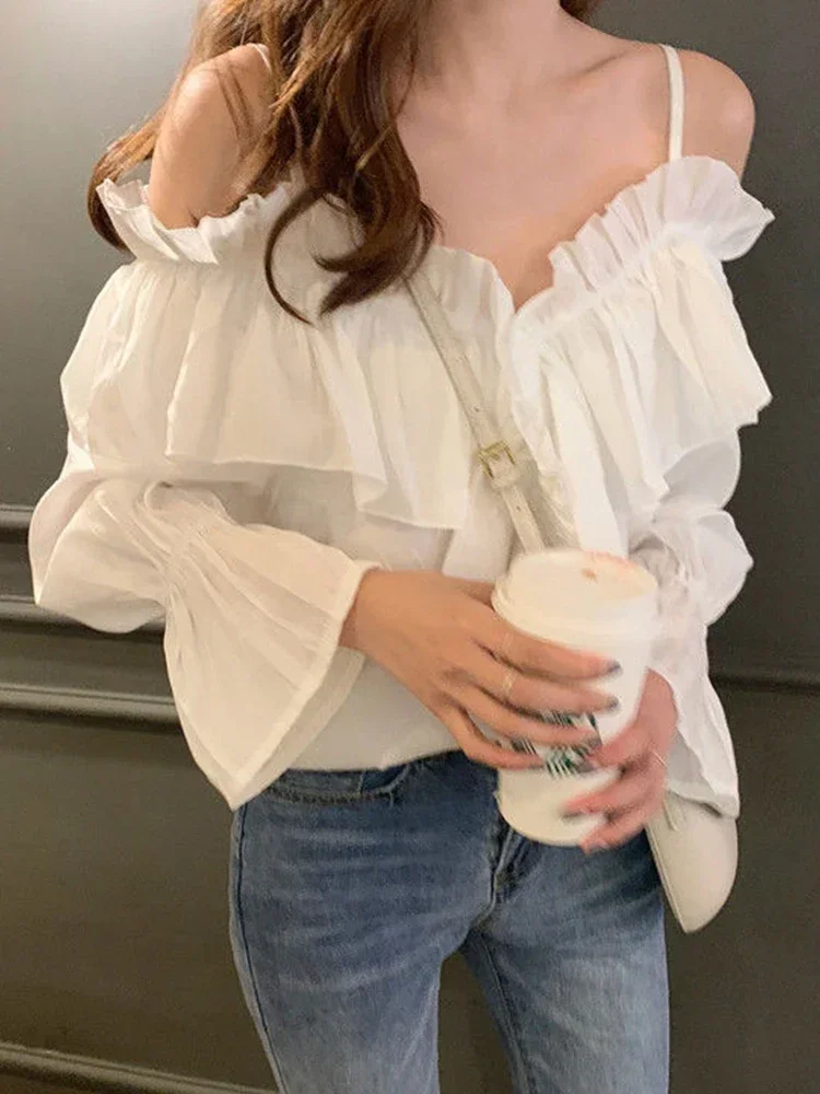 Sexy Off Shoulder Blouses Women Spring Sweet Solid Color Chiffon T-shirt Casual Loose Spaghetti Strap Flare Sleeve Ruffles Tops