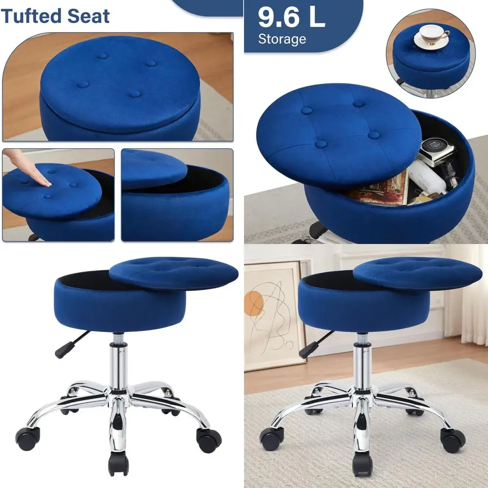 

Регулируемый поворотный табурет из синего бархата с колесиками, толстая подушка, место для хранения, вместимость 350 фунтов