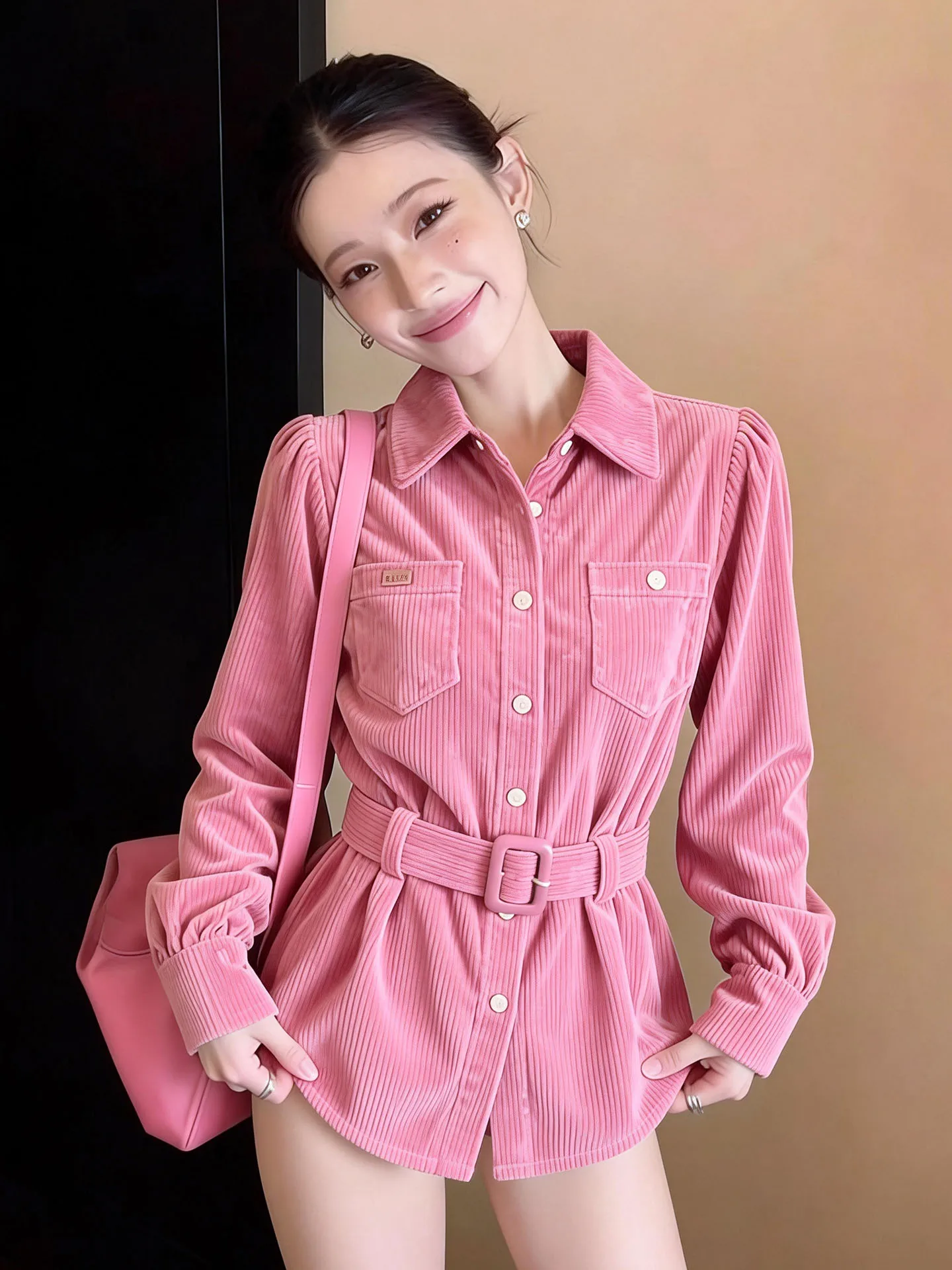 

Ретро-стиль: Женская розовая блузка с воротником и длинным рукавом, подчеркивающая талию, весна 2026. Новинка. Элегантный топ премиум-класса для офиса.