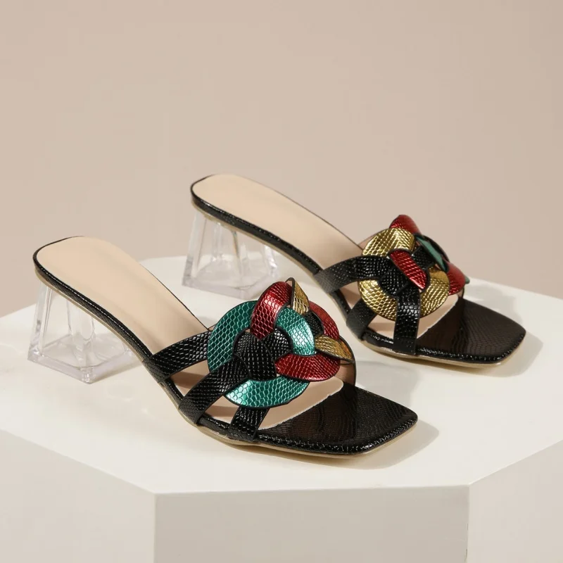 

Summer Sandals for Women 2026 New Style Square Toe Mid-Heel Transparent Heel Strappy Woven Shoes