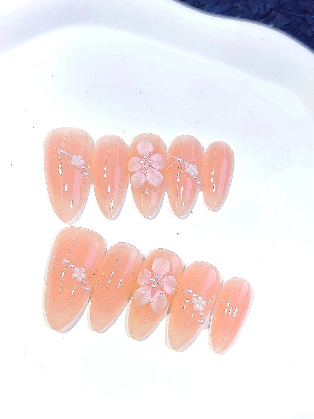 Perzikroze 3D bloem parel strass amandel pers op nagels, handgemaakte kunstnagels set voor vrouwen (C443)