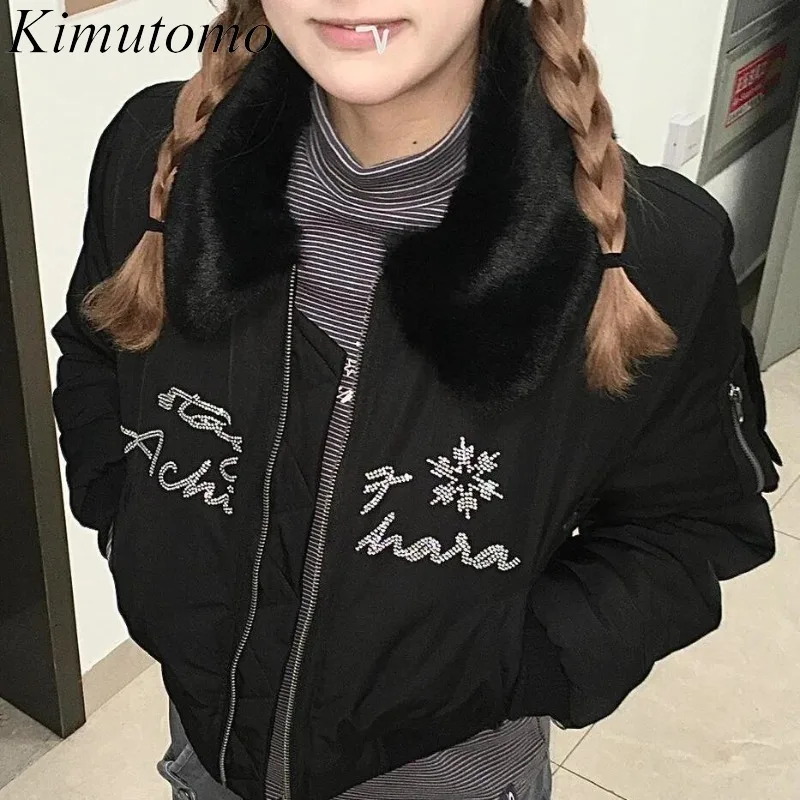 Kimutomo Jackets Women Letter Rhinestone Parkas Winter Vintage Fur Patchwork Harajuku Casual Loose Y2k Zipper Streetwear Tops