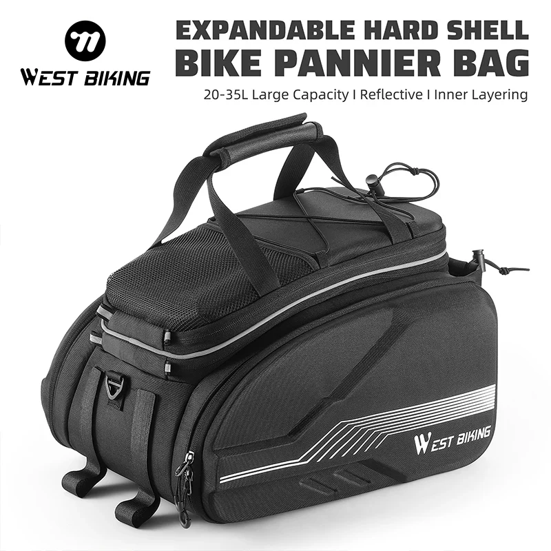 WEST BIKING Hard Shell Bicycle Pannier 20-35L Large Capacity Expandable Bag MTB Road Bike Rack Bag Cycling Handbag Shoulder Bag