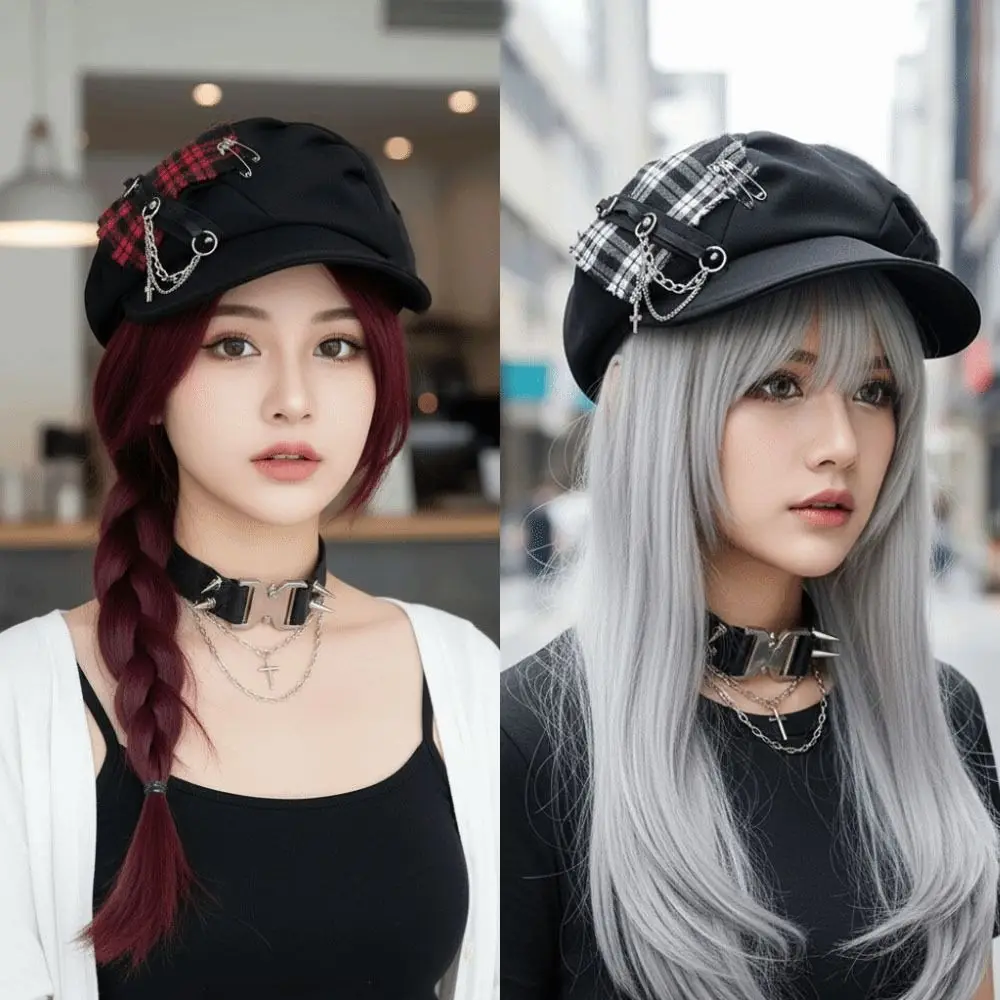 Dark Checkered Harajuku Beret Hat Spice Cross Casual Wear Women's Men's Berets Streetwear Accessories Cool Newsboy Cap