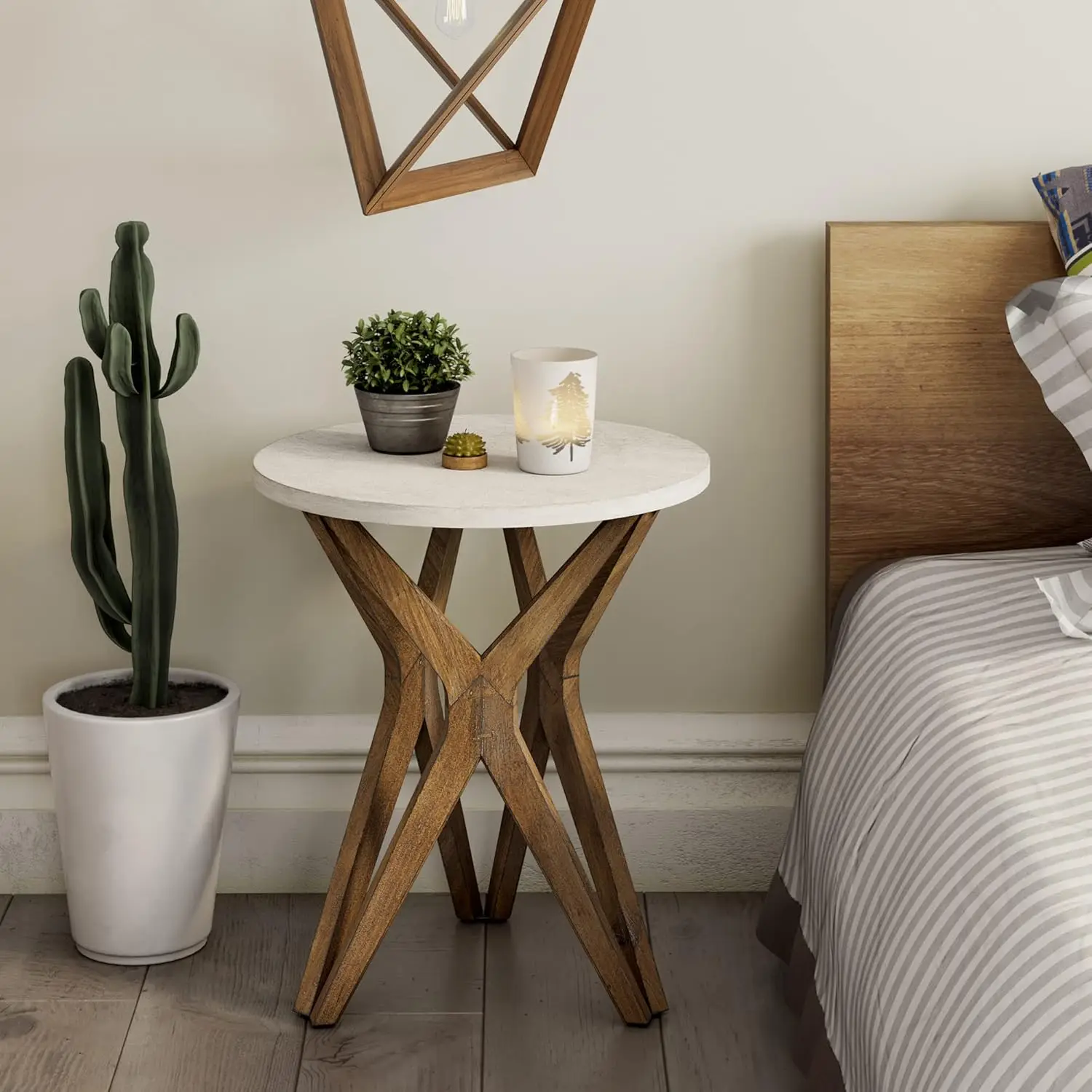 Tripod Base Bedside Table for Living Room, Modern, Boho Decor, Round (1 Pack, White & Walnut)