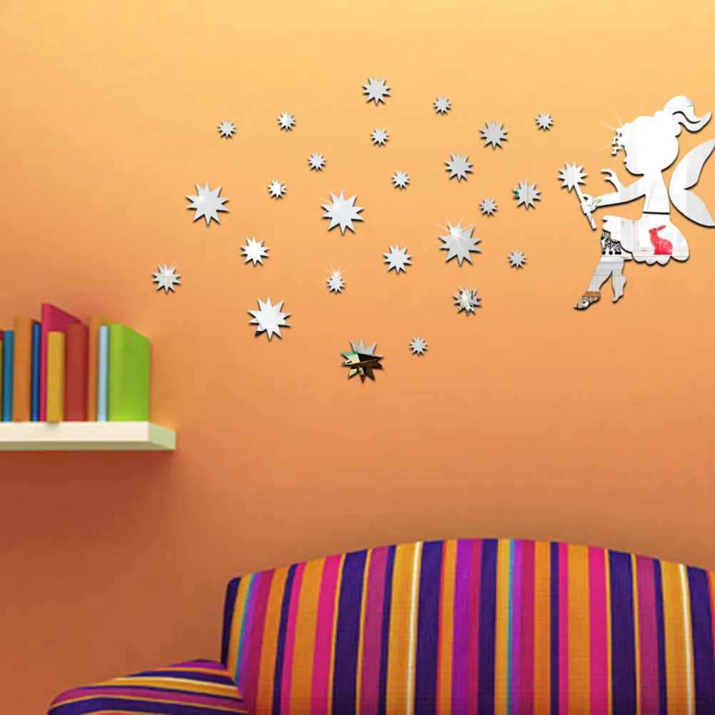 

Fairy Blowing Stars Mirror Wall Sticker Crystal Kids Living Room Decor Removable 3D Stickers Bedroom Kitchen Durable PS Plastic