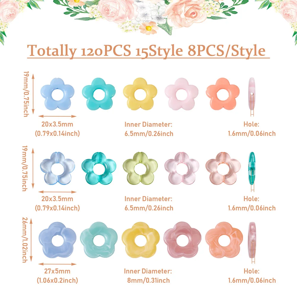 120Pcs Flower Acrylic Bead Frames Loose Spacer Beads Mixed Color for Jewelry DIY Earring Bracelet Necklace Accessories