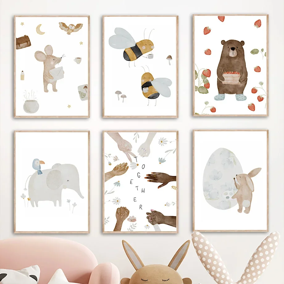 Large-sized 1pc frameless Canvas Painting Boho Animals Friend Elephant Rabbit Bear Deer Bee Posters And Print Nursery Wall Art C