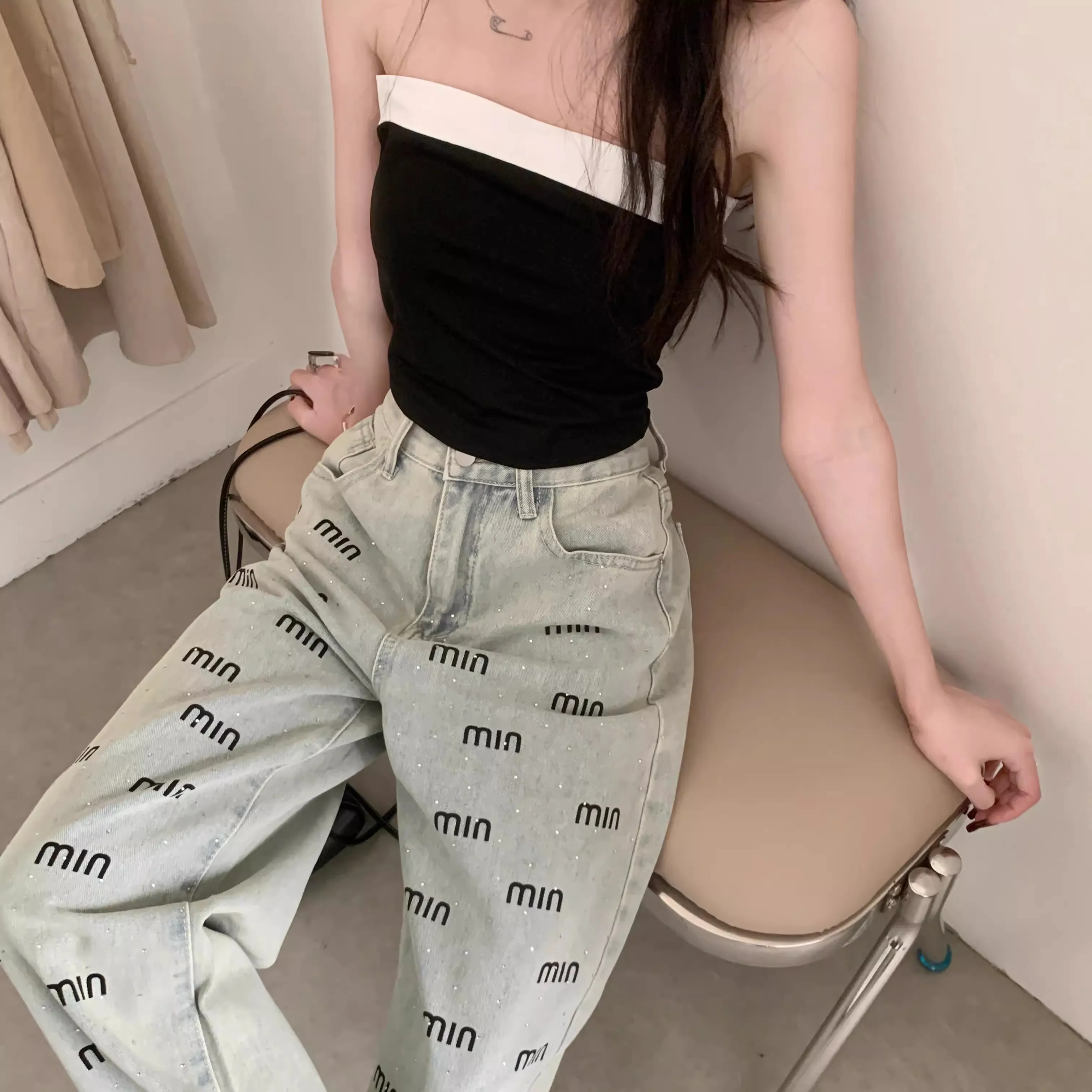 Y2K light colored rhinestone letters MIN wide leg jeans for women 2024 new high waisted straight leg narrow version floor pants