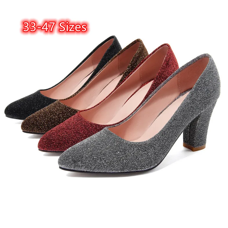 Women Chunky Loafers Sparkly Block Heels Sequined Cloth Stilettos Pointy Toe 7cm Pumps Grey Red Black Wide Fit 44 45 46 47 28cm