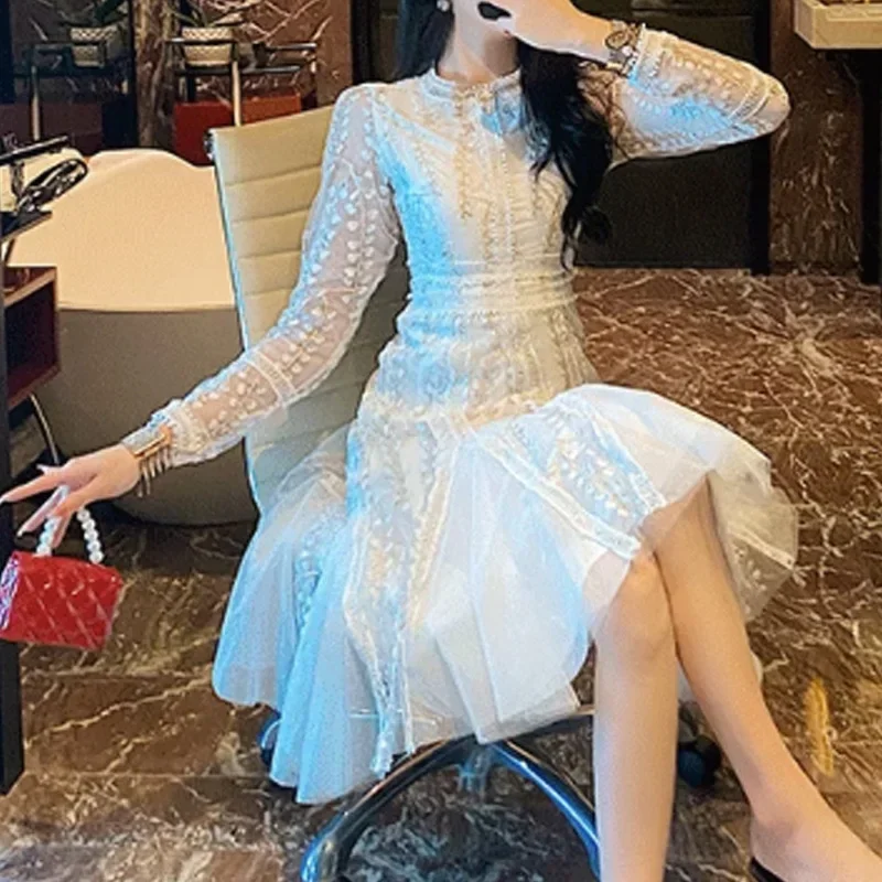 Embroidery Lace Vintage Dress Women Three Quarter sleeve White Mesh Party Dresses Female High Waist Runway Design Vestido