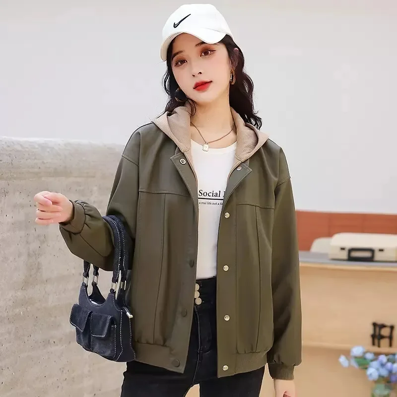 Women's Temperament Korean Solid Color Leather Jacket Spring Female New Loose Casual Baseball Uniform PU Leather Jacket Cardigan