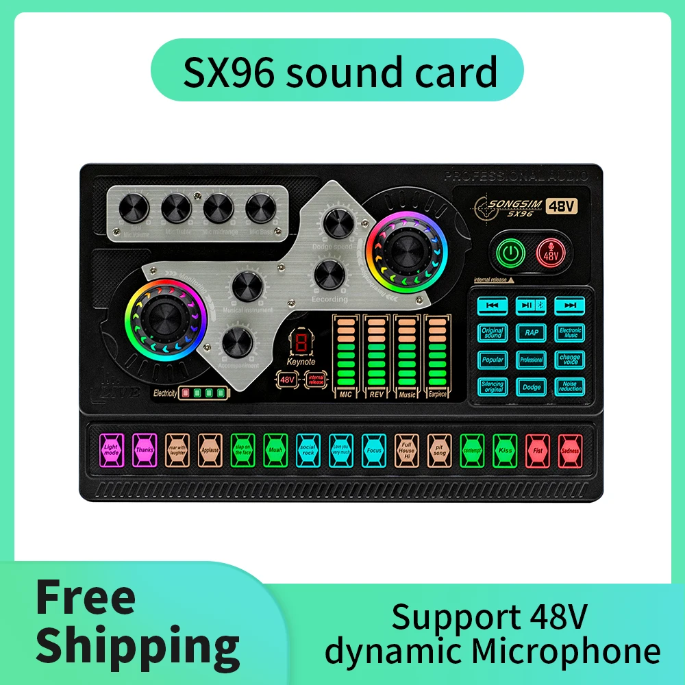 48V SX96 Live Sound Card Podcast Equipment  Microphone Audio Mixer Sound Mixer Voice Changer For Live Streaming