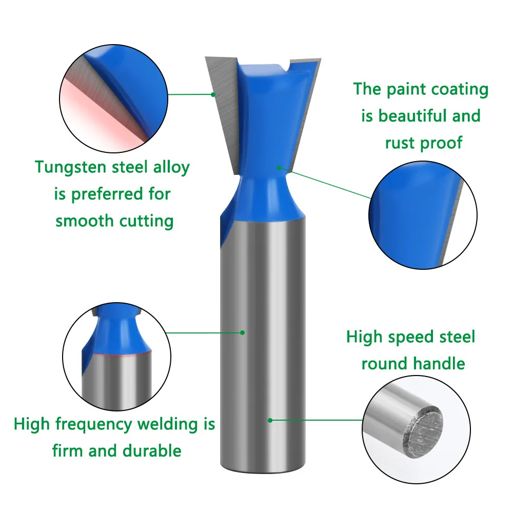 LAVIE 6.35/12/12.7mm Shank Dovetail Cutter,Blue & Natural Finish,Box Joint Router Bit, for Trimmer,Honeycomb Finger Joint