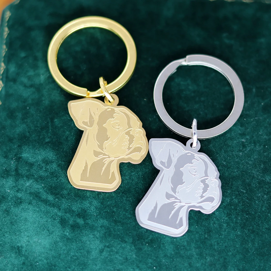Real Gold Plated Keychain diy Accessories Cute Boxer Dog Pet Stainless Steel Trendy  Kids Gift Unisex Punk Jewelry Keyring Deco