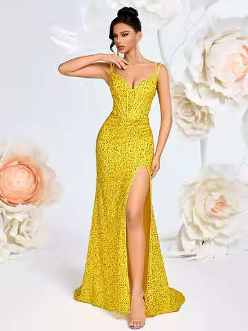 Yellow Sequin Spaghetti Strap V-Neck Front Slit Long Evening Dress