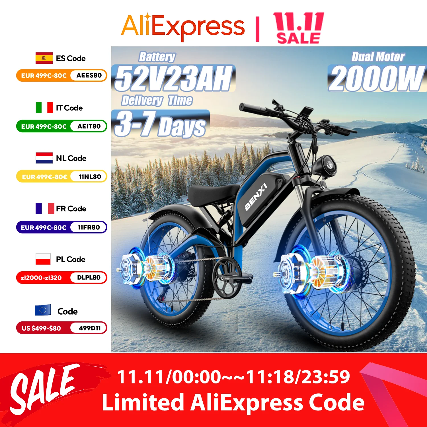 Electric Bicycle 2000W Dual Powerful Motor 52V23AH Lithium Battery Adult E Bike All-terrain 26*4.0 Inch Fat Tire Electric Bike