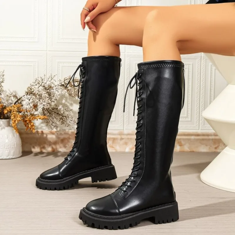 Spliced Soft Leather Block Heel Women's Fashion Round Toe Lace-up Platform Skinny Tall Boots