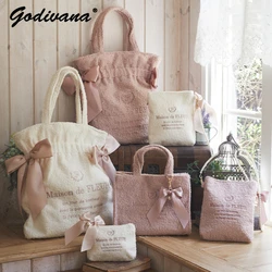 Bolso de lana de cordero de un hombro de felpa con lazo de doble cinta de estilo japonés, bolso de mano de Otoño e Invierno para mujer, bolsos cruzados dulces