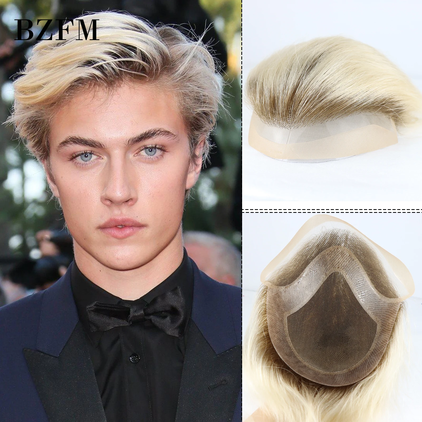 4T613 Blonde Color Dark Root Human Hair Men Toupee Mono Lace PU Base Toupee For Men 6